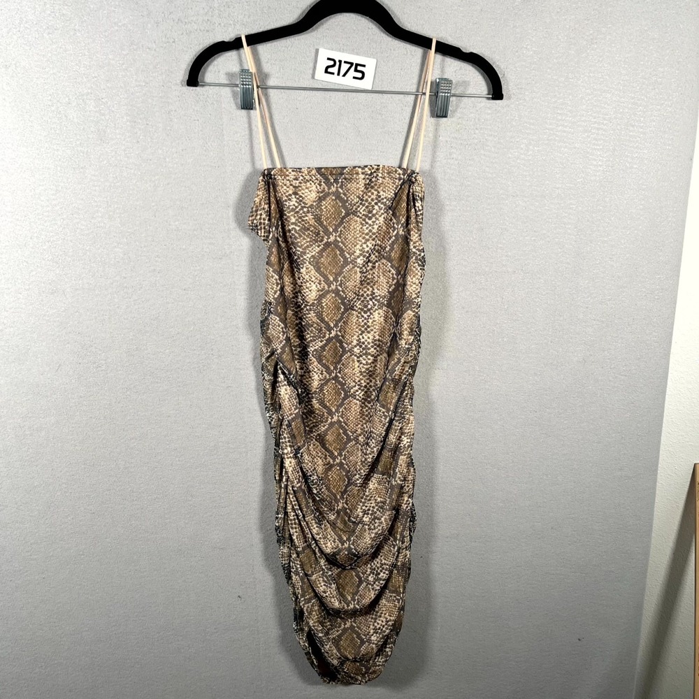 Faded Rose Bodycon Mini Dress Women Small Brown Snakeskin Ruched Spaghetti Strap